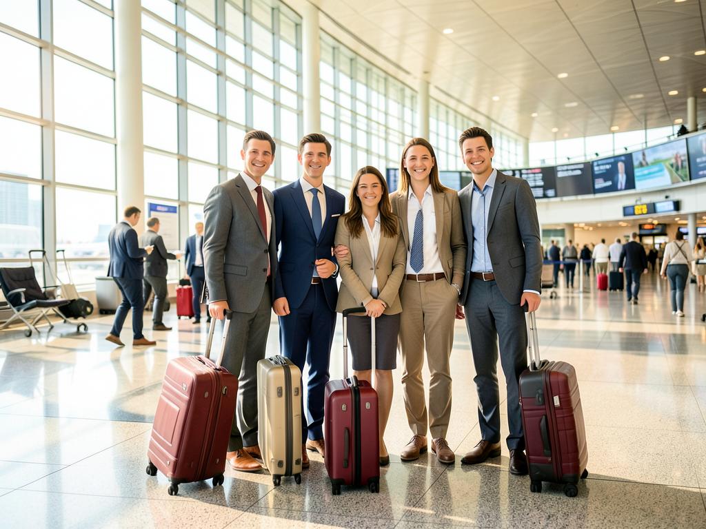 Empresários com bagagem num aeroporto, prontos para a mudança internacional